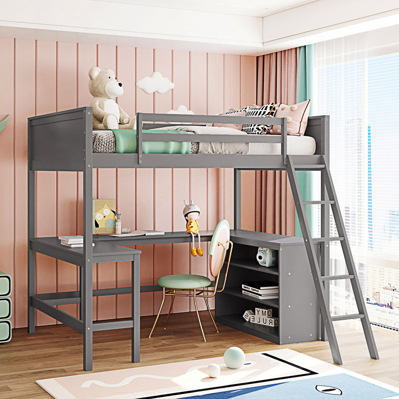 Lit mezzanine double avec tablettes et bureau, lit mezzanine avec bureau, gris