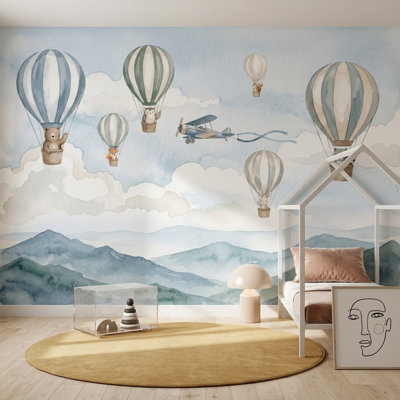 Papier peint aquarelle, montgolfières, animaux des bois