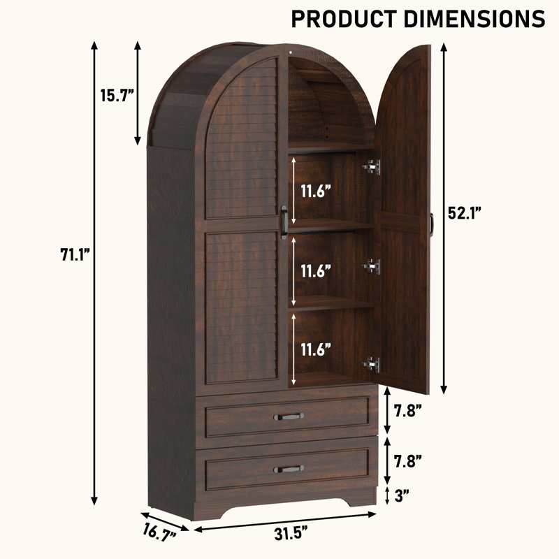 Garde-manger arqué cannelé, rangement de 71 po de hauteur avec portes à volets, tablettes réglables et 2 grands tiroirs pour la cuisine et le salon