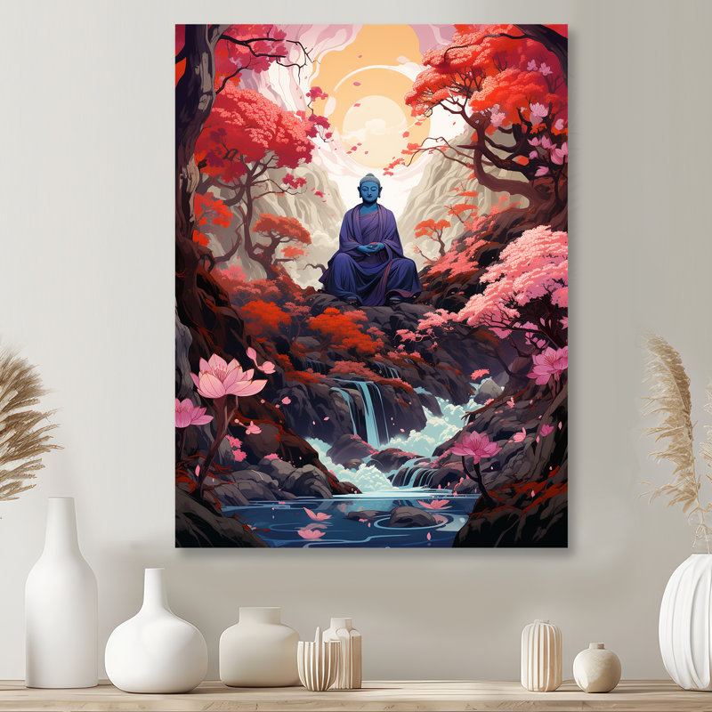 Bouddha mauve en fleurs, paysage d'automne, art mural bouddhisme, Métal métal, H 20 po x l 12 po x P 1 po