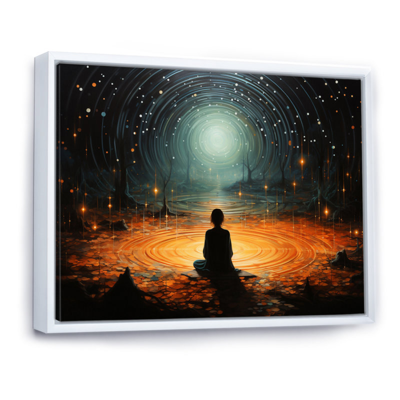 Orange Teal Meditation Stillness Within Pointillism - Spiritual Canvas Wall Art, H 24 po x l 32 po, Cadre flottant blanc