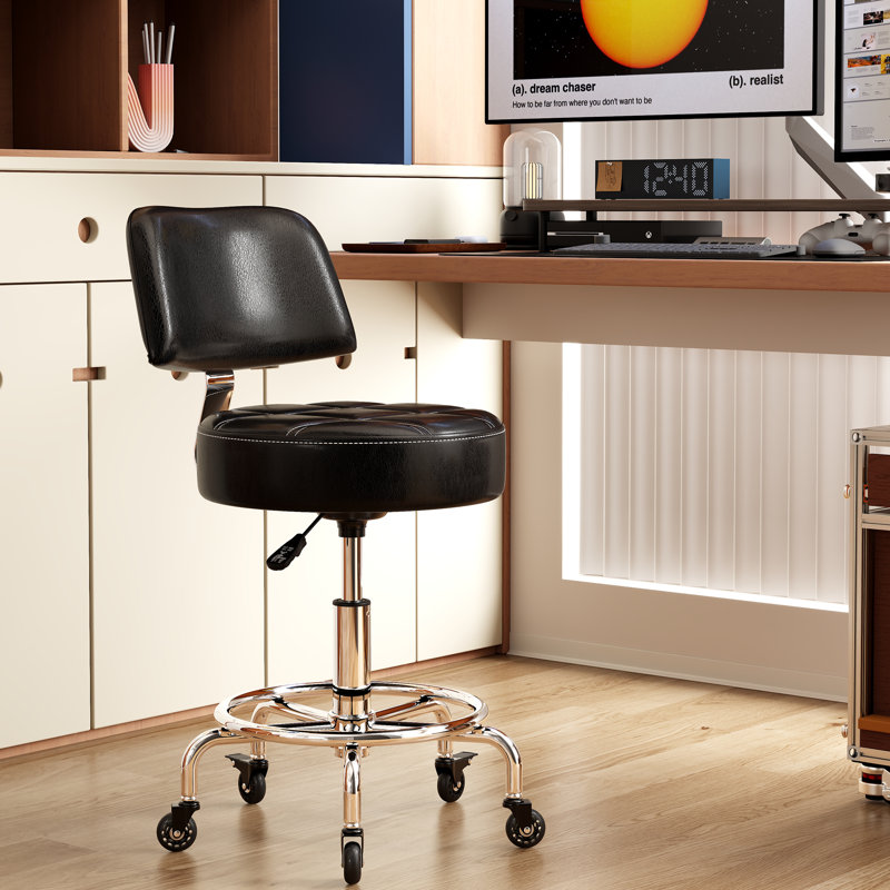  Lockable Rolling Stool with Back Support and Foot Ring, Ergonomic Hydraulic Adjustable Stool, Thick Cushioned Seat with Wheels for Home Office, Small Workspace, Drafting Desk