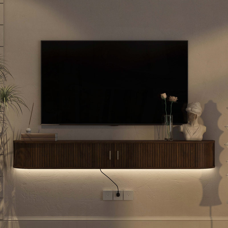 Meuble télé flottant avec design incurvé et portes coulissantes, Brun