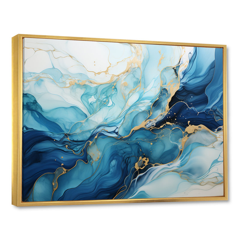 Impressions sur toile, formes liquides et bleues, H 30 po x l 40 po x P 1,5 po, Cadre flottant doré