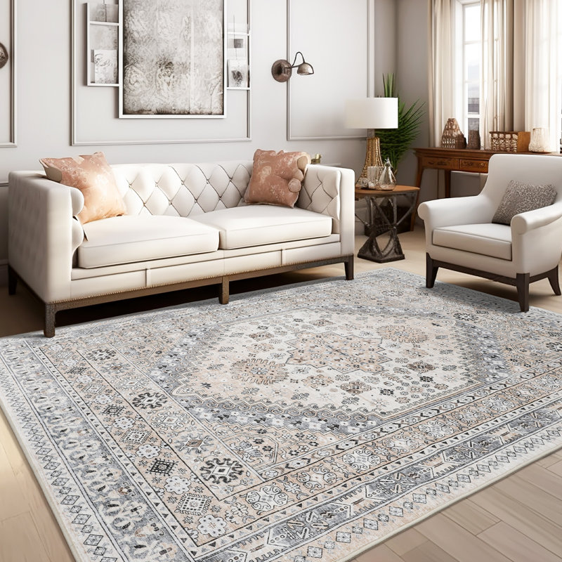 Tapis lavable antidérapant Medallion (beige), Rectangle 7 pi x 9 pi