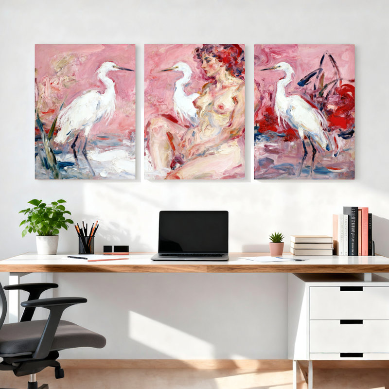 and Crane, peinture à l'huile sur toile tendue pour salon, H 18 po x l 36 po