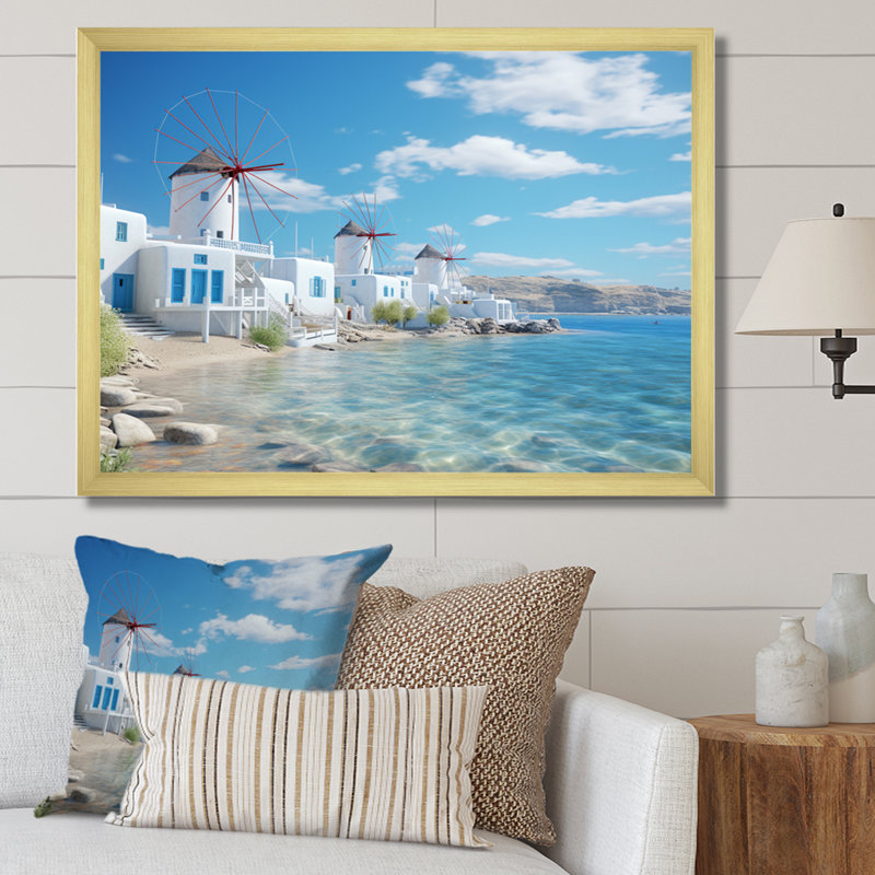 «Grèce Serenity In Mykonos - Grèce», reproduction sur toile encadrée, Cadre doré simple, H 12 po x l 20 po x P 1 po