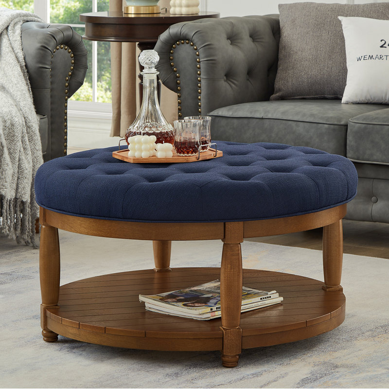 Grande table basse ronde avec repose-pieds rembourré en lin et grand repose-pieds avec rangement en bois, Navy Blue