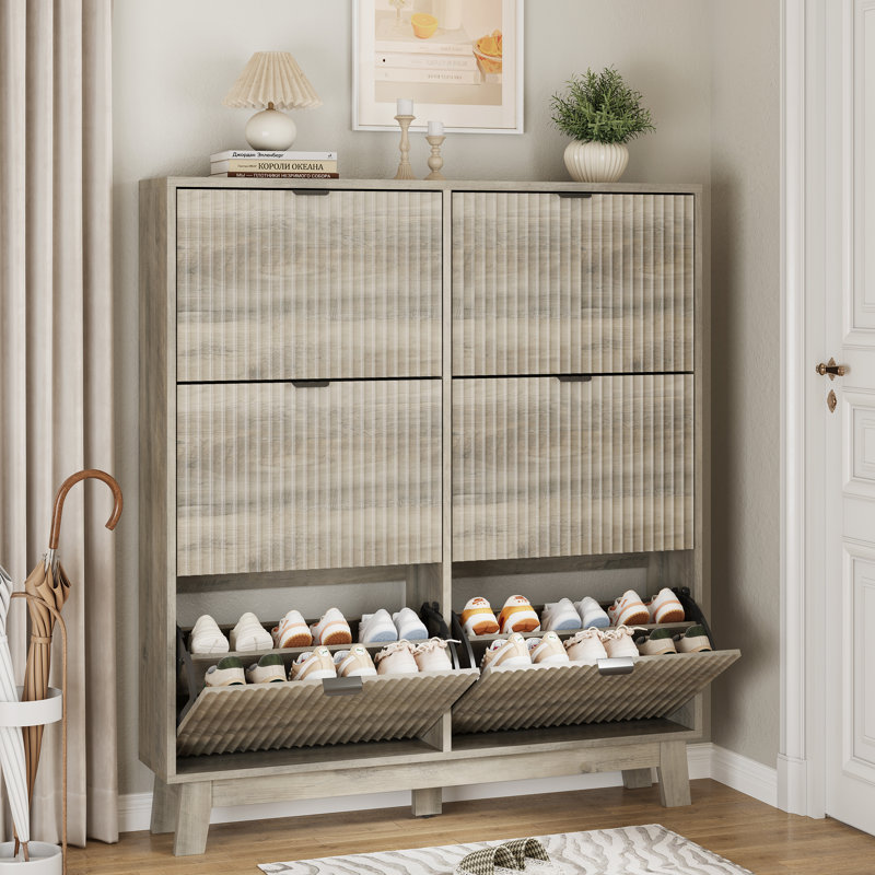 Armoire à chaussures cannelée de 53 po de hauteur avec 6 tiroirs rabattables et poignées en métal pour le vestibule, Gris
