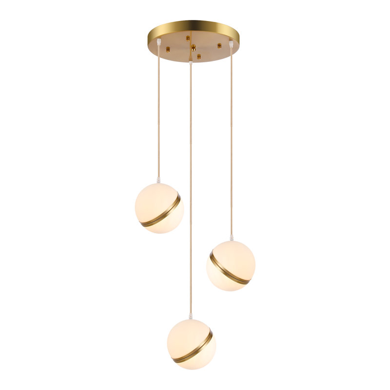 Luminaire suspendu sphère en verre opale 3 lumières 3 lumières, Doré