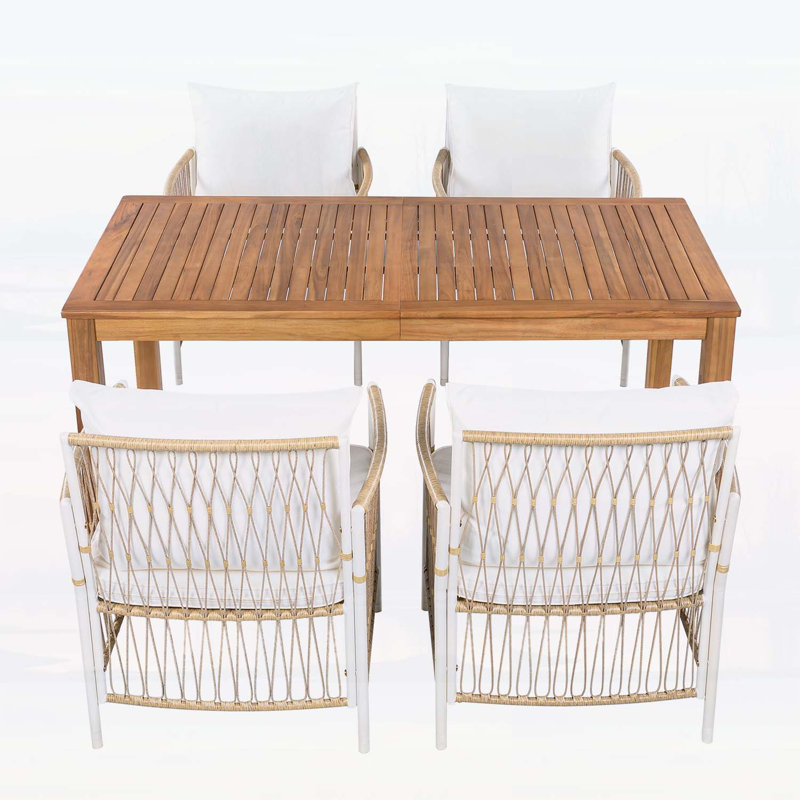 Ensemble de salle à manger de patio 5 pièces en bois d'acacia durable avec fauteuils en rotin pour l'extérieur et l'intérieur, résistant aux intempéries et confortable