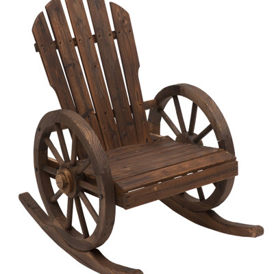 Fauteuil à bascule en bois avec dossier surdimensionné et siège à lattes, style roue de chariot, idéal pour les espaces extérieurs comme la véranda, le bord de la piscine ou le jardin. Dimensions : 66,3 cm (l) x 89,5 cm (p) x 92,1 cm (h). Capacité de charge : 113 kg.