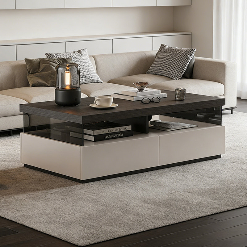 Table basse rectangulaire avec rangement pour petit appartement, 16.53" H x 51.18" L x 27.55" W, Noir, Blanc cassé