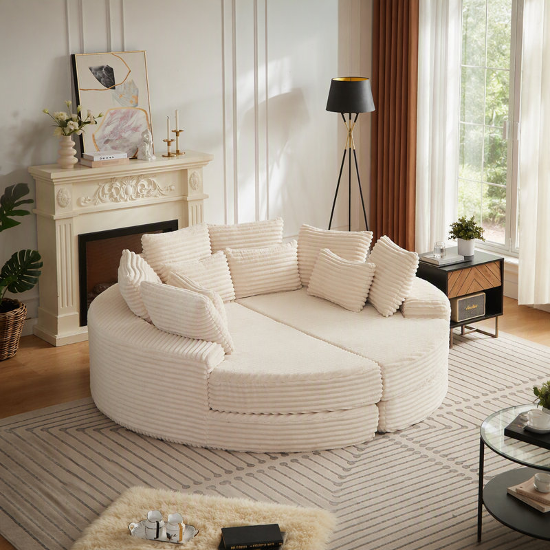 Fauteuil inclinable rond en velours côtelé de 78,5 pouces, convertible en deux fauteuils inclinables, canapé-lit 2 en 1, conception de coussin pour le cou avec cinq coussins décoratifs