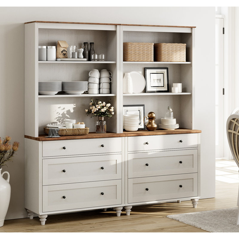 Garde-manger de style Mid-Century avec 6 tiroirs, armoire de rangement de style campagnard avec tablettes réglables pour la cuisine, le salon, la chambre à coucher, blanc