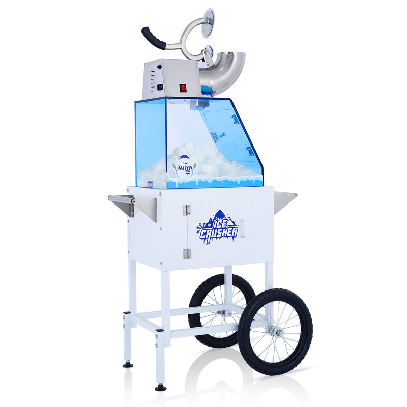 Chariot à machine à glace pilée de 52 pouces de hauteur avec bac à glace de 9,2 gallons, système de rasage en acier inoxydable, armoire de rangement, roulettes et tablettes latérales, blanc et bleu