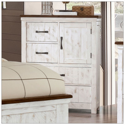 Commode en métal de style transitionnel moderne de 1 pièce avec quatre tiroirs et une planche d'armoire au fini blanc vieilli et noyer