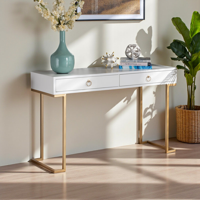 Zindra 2-Drawer Console Table in Finished Wood and Gold Metal, 29.3" H X 47.05" W X 15.5" D, White
