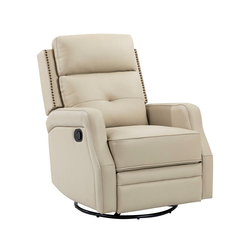 Rudisill Transitional Genuine Leather Swivel Rocker Manual Recliner, Beige Genuine Leather