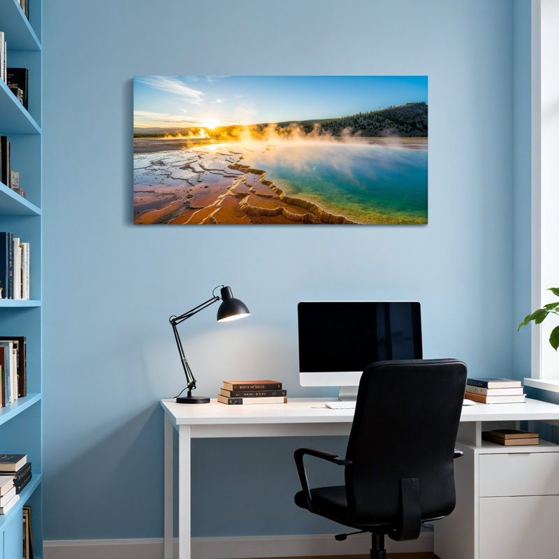 Paysage pittoresque et urbain avec coucher de soleil sur les sources thermales, H 24 po x l 48 po