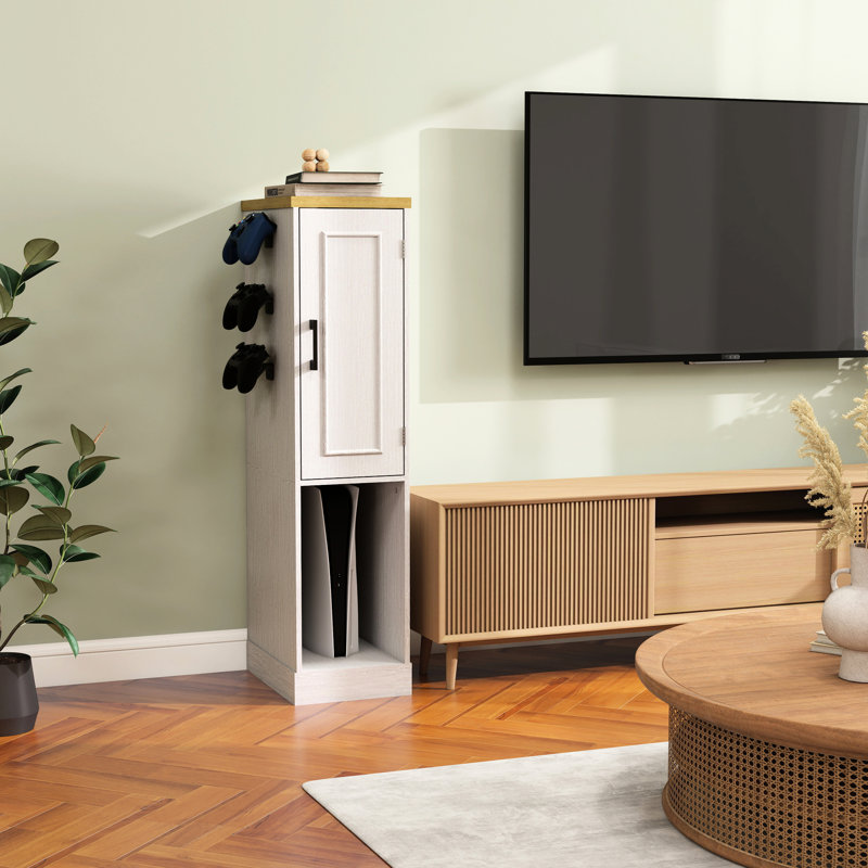 Meuble de rangement moderne blanc antique de 112 cm (44 pouces) pour consoles de jeux, 2 tiroirs, 3 crochets, rangement pour collations, compatible PS5 et autres consoles, blanc, disques de jeu dédiés.