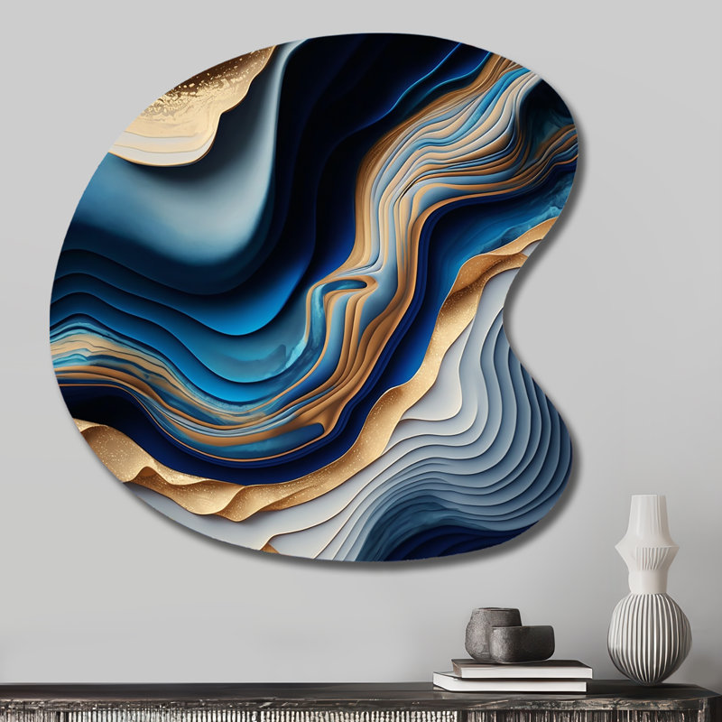 «Vibrant Blue and Gold Flow Art II», art mural asymétrique abstrait en forme de goutte transitionnelle, H 27 po x l 27 po
