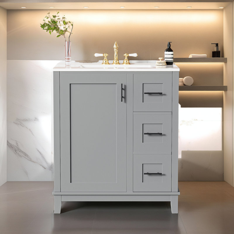 Meuble-lavabo moderne 30 po avec lavabo en céramique, 3 tiroirs et armoire à fermeture en douceur, Gris