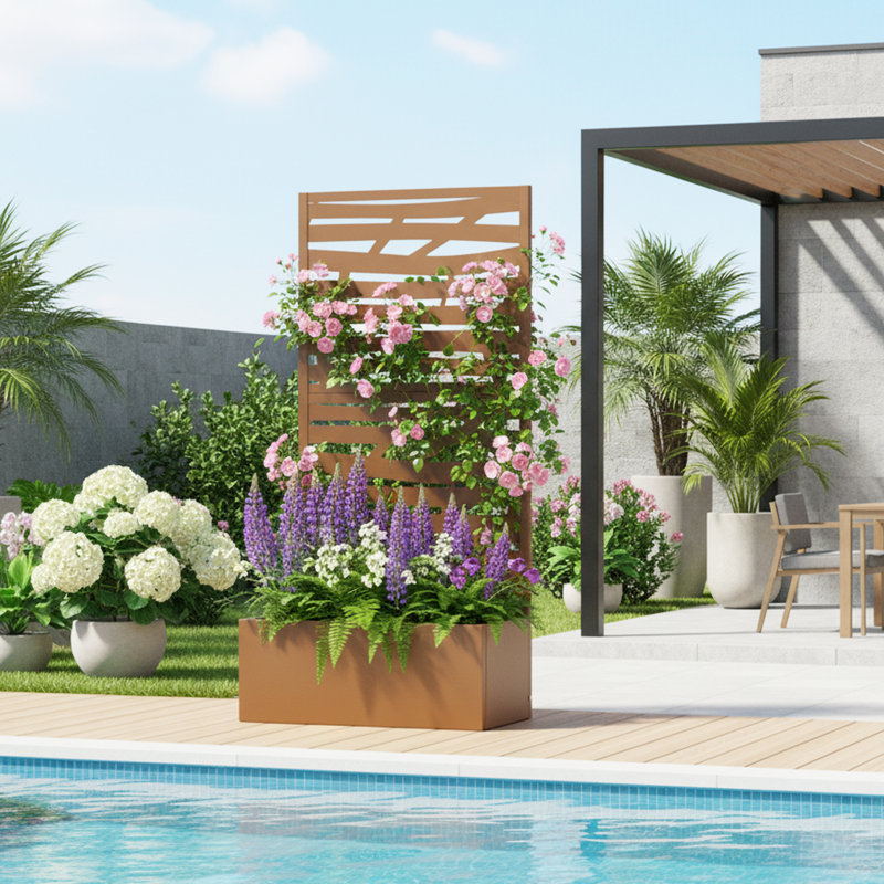 Boîte à fleurs en métal avec treillis, H 59 po x l 30 po x P 12 po, Brun