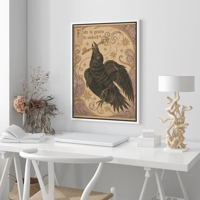 Mystique, corbeau et clé dorée, reproduction d'art sur toile encadrée, chambre principale, 24" H x 16" W x 1.5" D, White