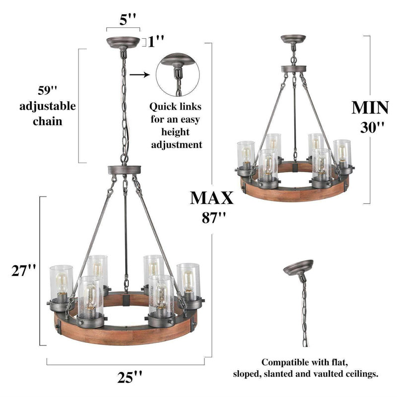 Temescal 6-Light Wood Dimmable Wagon Wheel Chandelier, Brown