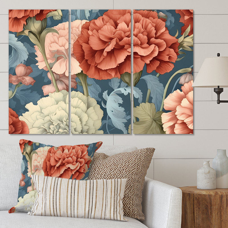 «Coral Blue Carnations Harmony I» sur toile, reproduction de 3 pièces, H 28 po x l 36 po x P 1 po