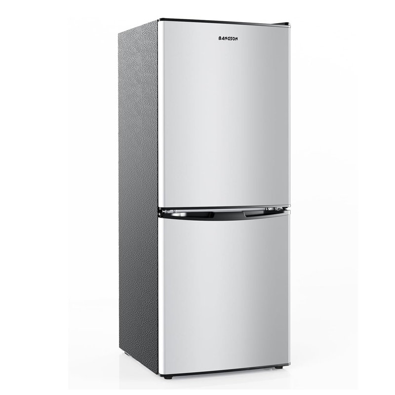  Mini réfrigérateur compact avec congélateur à 2 portes pour appartement, cuisine, bureau, acier inoxydable, argent BANGson