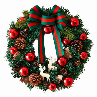 15.7 Inch Christmas Door Wreath, Vintage Style Wreath, with Red and Green Bow, Pine Cones, Red Decorative Balls, and Reindeer, Suitable for Fireplace & Front Door Decoration