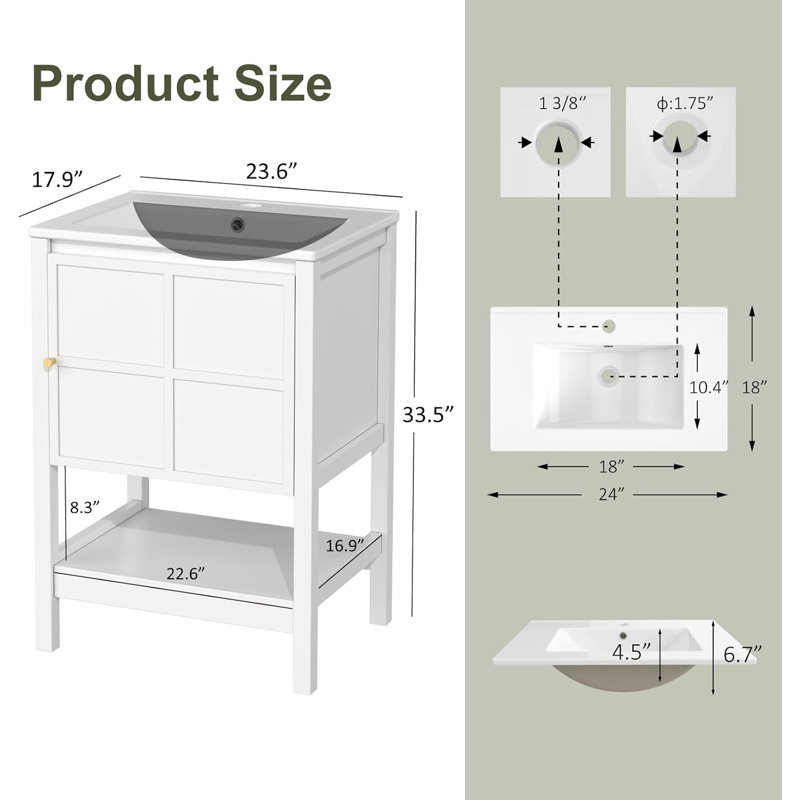 24 Inch Single Bathroom Vanity With Sink, Small Farmhouse Freestanding Bathroom Cabinet, White