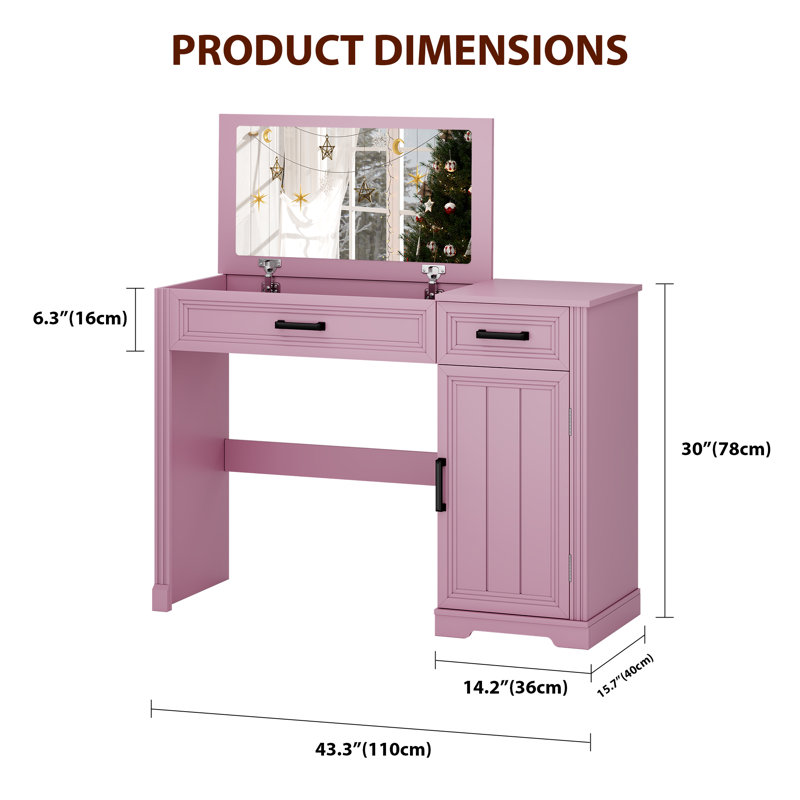 Vanity Desk With Mirror, Storage Drawers, And Adjustable Shelves – Makeup Table For Bedroom, Pink