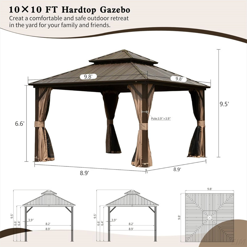 Hardtop Gazebo, Aluminum Metal Gazebo With Galvanized Steel Double Roof Canopy, Curtain And Netting, Permanent Gazebo Pavilion(Canopy)