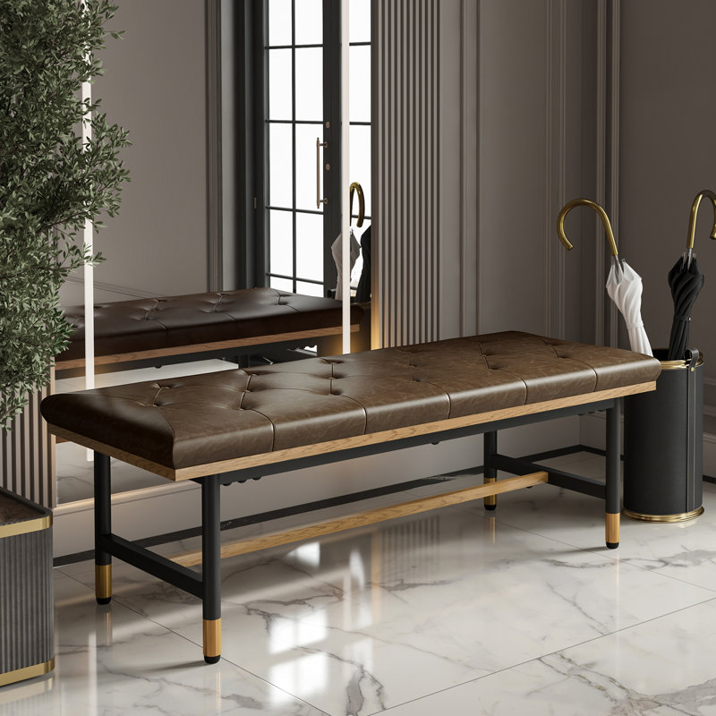 Banc rembourré en cuir l 48,43 po avec pieds en métal, Dark Brown