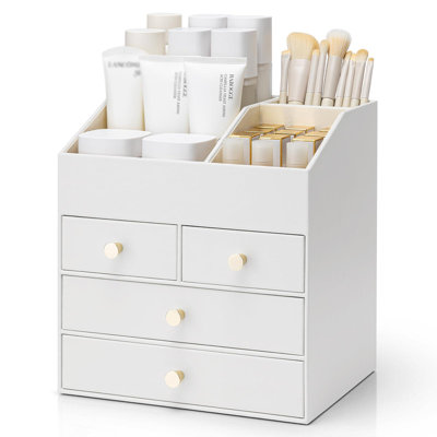 Makeup Organizer Countertop,Large Vanity Organizer PU Leather Make Up Storage With 4 Drawers,(White)