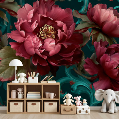 Papier peint baroque pelez et collez, pivoine opulente, fleurs murales rétro bleu sarcelle, H 69 po x l 96 po, papier peint amovible en PVC, autocollant pour chambre à coucher, bureau à domicile, bureau