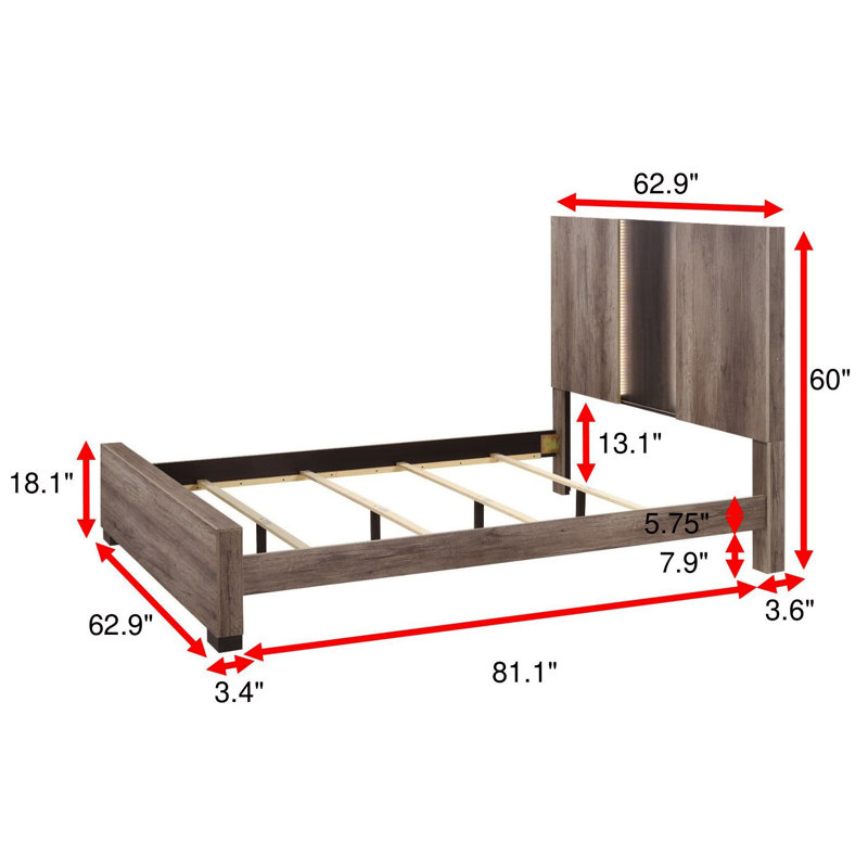 Ensemble de chambre à coucher à panneau moderne avec finition brun clair, Grand lit, 3 pièces
