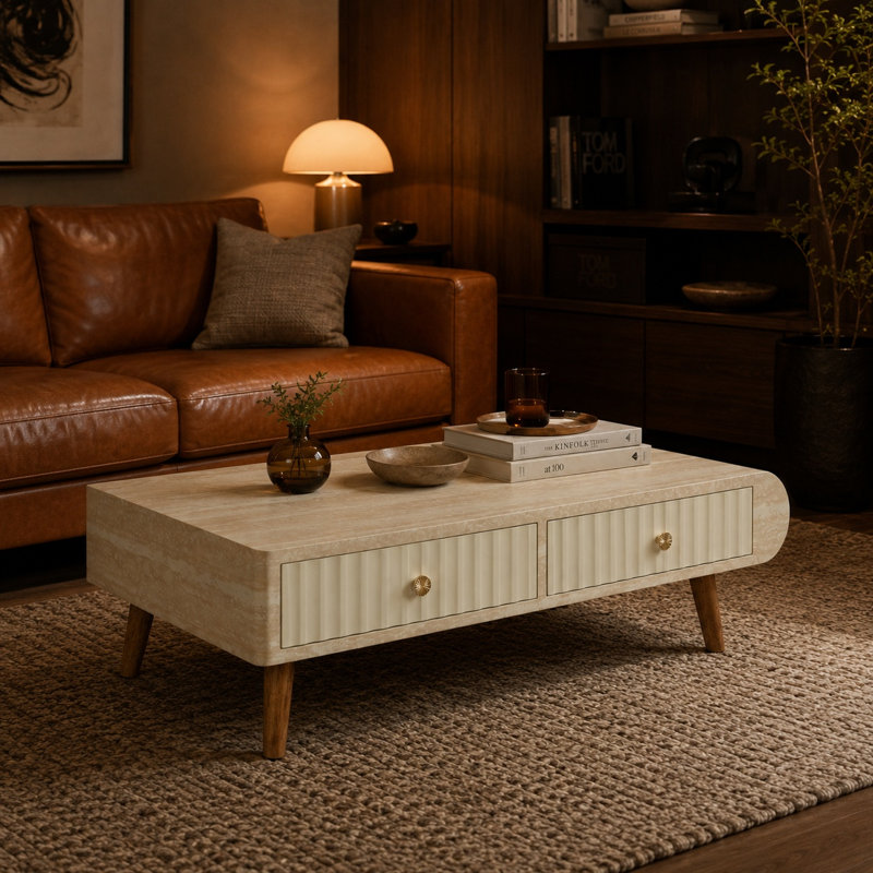 Table basse WANUNA avec tiroir cannelé en faux marbre et pieds en bois massif, H 15,74 po x l 47,24 po x P 23,6 po