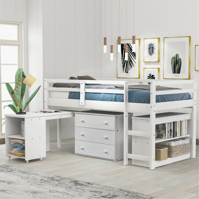 Lit mezzanine simple avec cabinet et bureau mobile à roulettes Low Study, Blanc