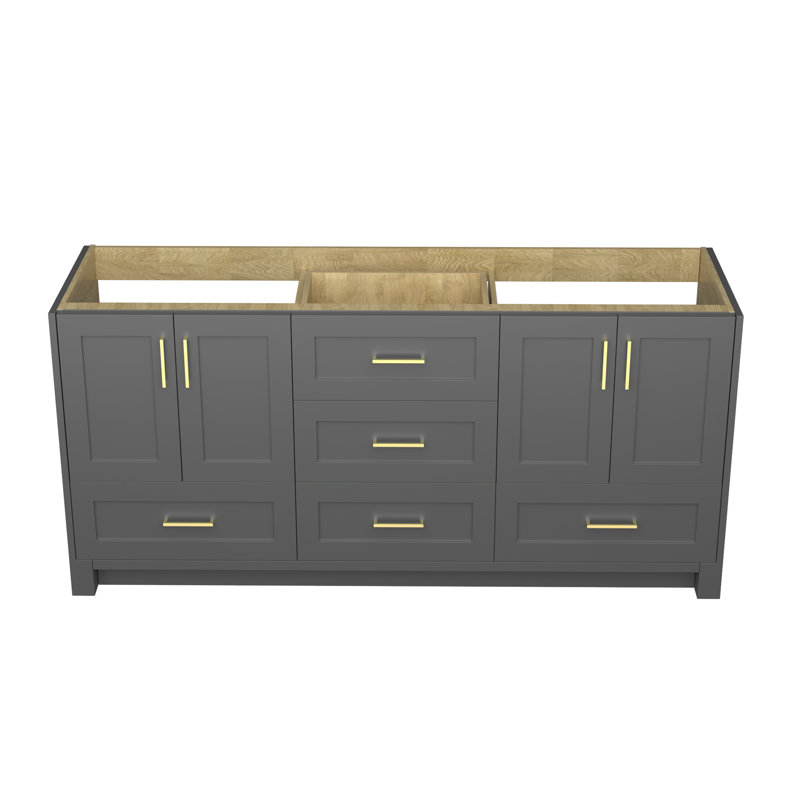 Meuble-lavabo double 72 po en bois massif, Gris foncé / or brossé