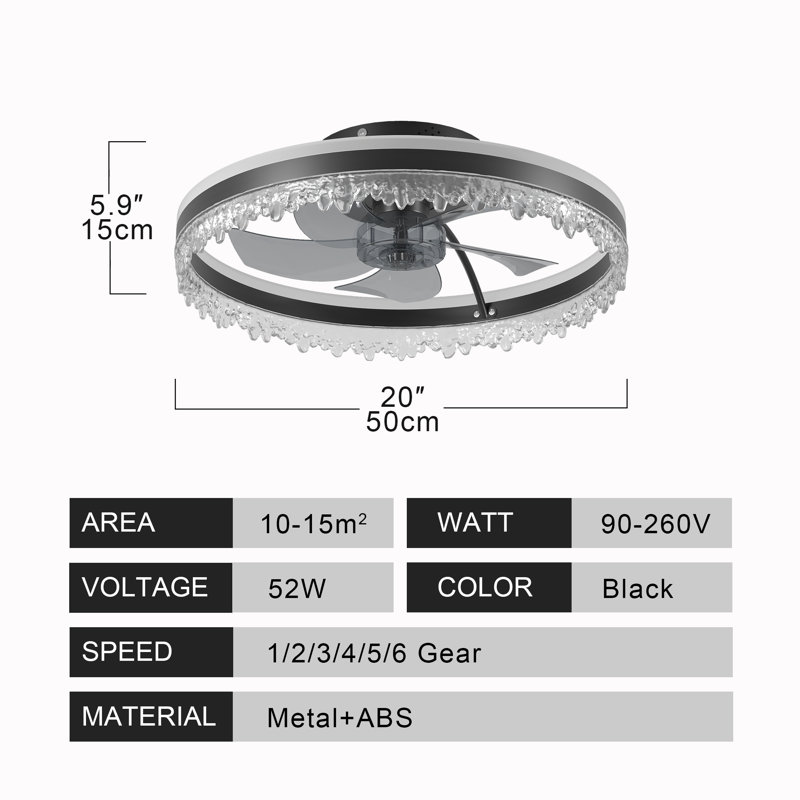 Modern Crystal Ceiling Fan with Light and Remote, Dimmable LED, Quiet Motor, 15.75" Wide