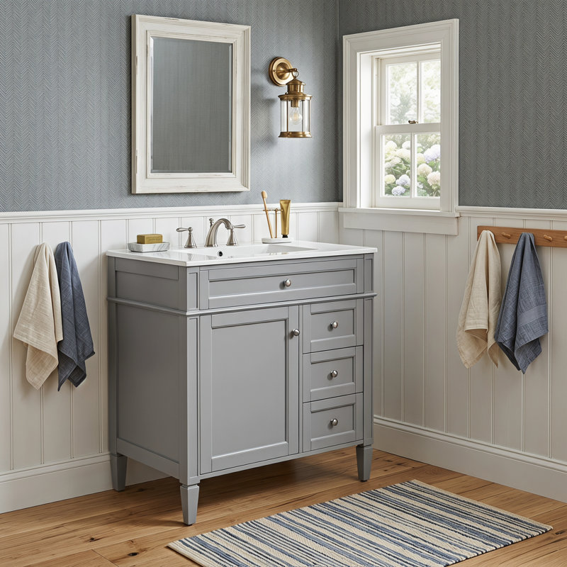 Meuble-lavabo de salle de bain 30 po avec lavabo supérieur, meuble-lavabo moderne avec 2 tiroirs et tiroir escamotable, meuble-lavabo simple