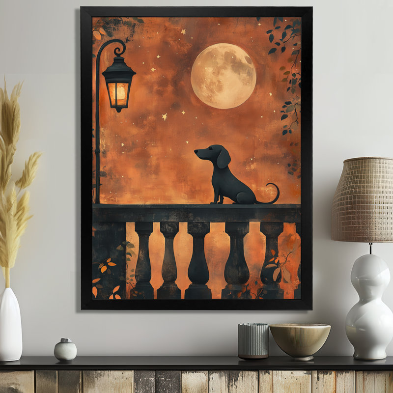 Vue au clair de lune depuis le balcon - Impression sur toile encadrée d'un teckel, H 32 po x l 16 po, Cadre photo noir