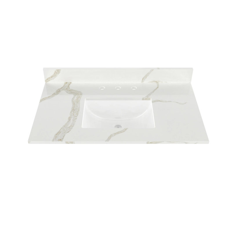 Plateau de meuble-lavabo simple 37 po en quartz avec lavabo, Blanc Calacatta