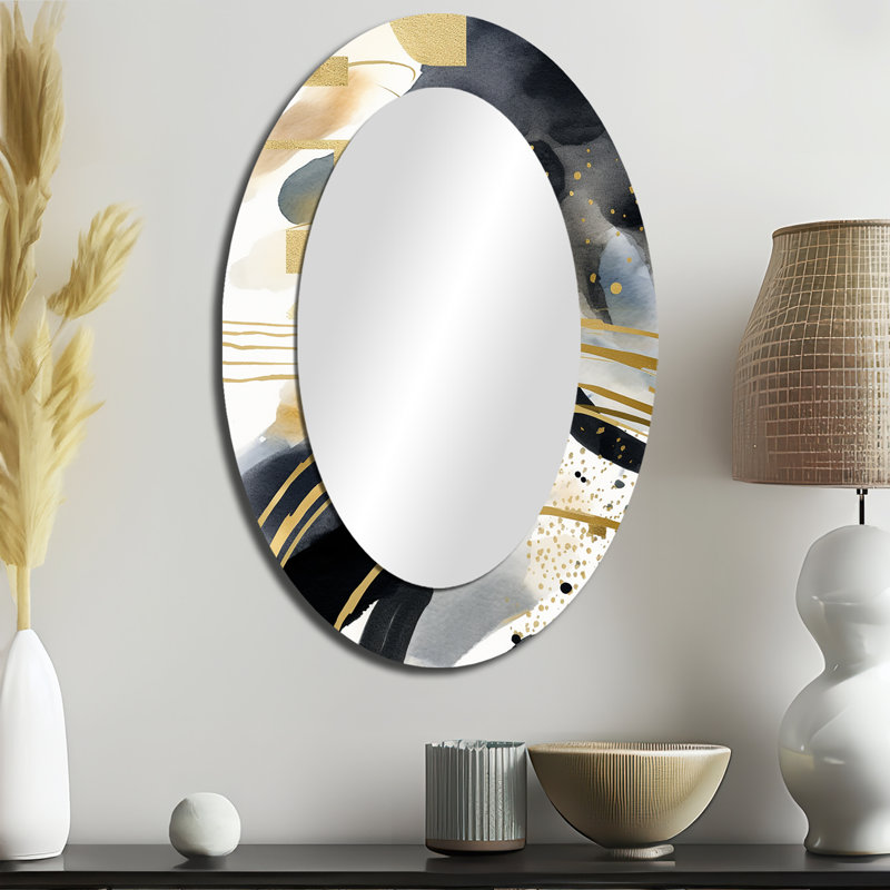Miroir mural ovale pastel abstrait avec taches noires et dorées III, 36 po x 24 po