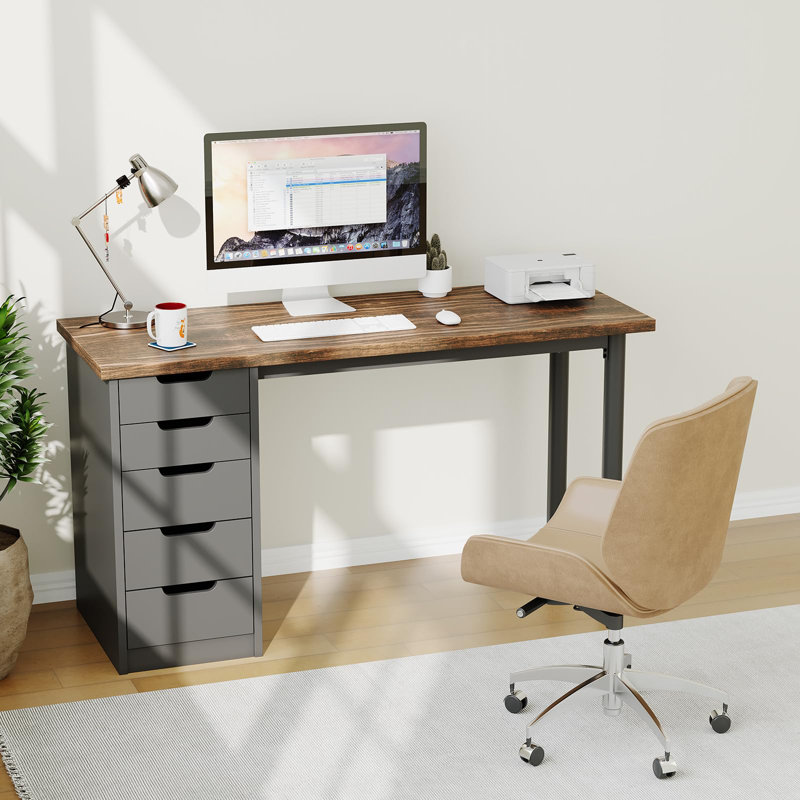Bureau d'ordinateur à 5 tiroirs, bureau d'écriture moderne simple avec rangement de 47 pouces, bureau rustique à domicile, bureau d'ordinateur réversible pour bureau personnel