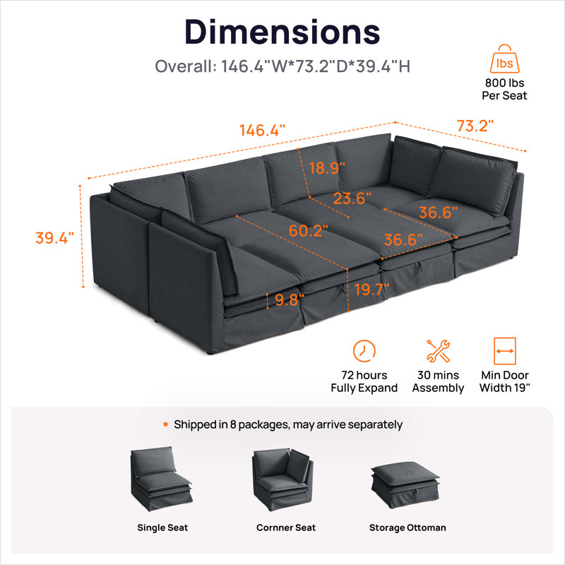 Canapé modulaire surdimensionné en tissu de 146,4 po accueillant les animaux de compagnie, modulaire et lavable, avec housse amovible et enveloppante
